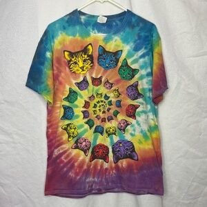 Trippy Tie-dye Cat Face Spiral Graphic Tee Large